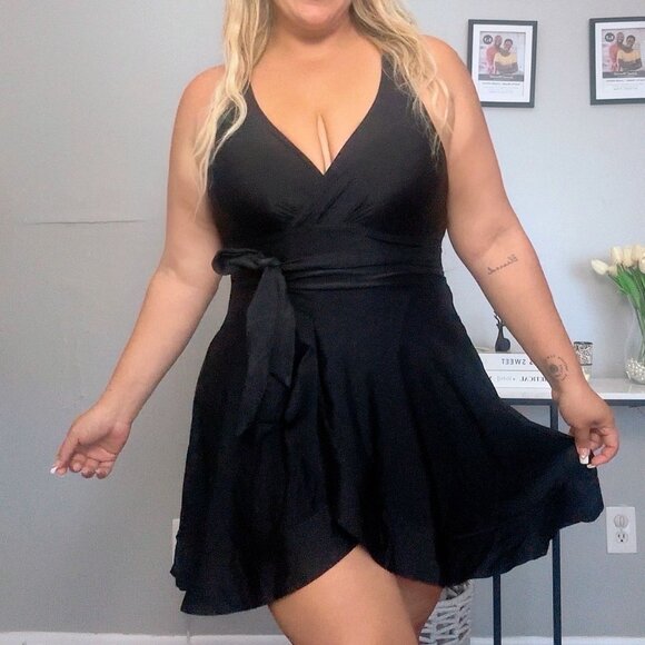 Womens Sexy BLACK One Piece Swimsuit Swim Dress Ruffled Bathing plus size NEW - Picture 3 of 15